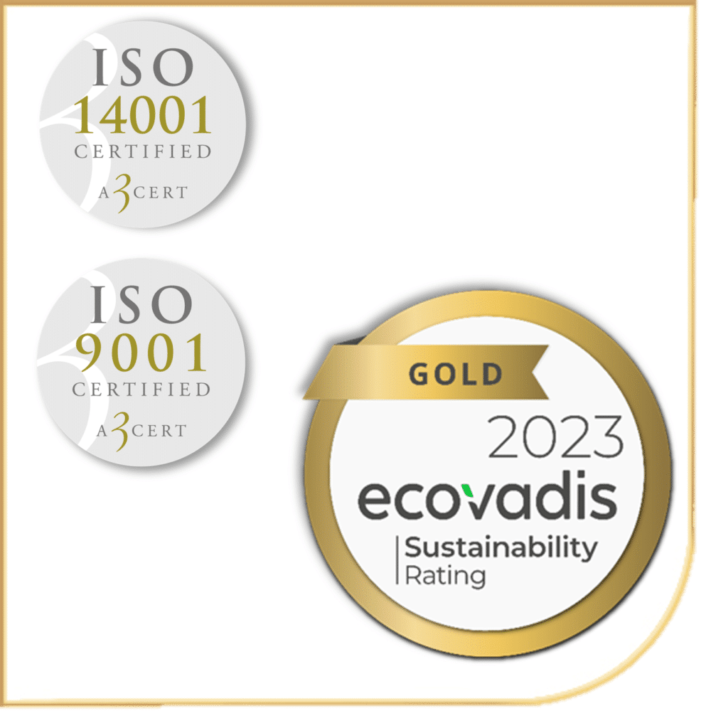 ISO Certifiering 14001 9001. Gold 2021 ecovadis Susatainability Rating